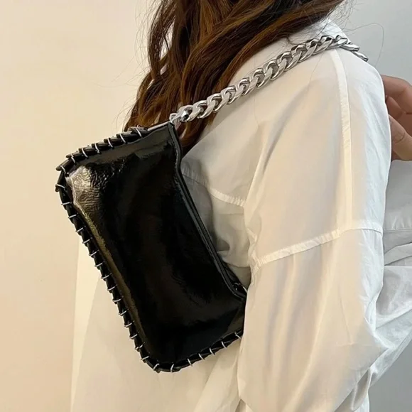 Black Patent Crossbody Bag with Silver Chain - Picture 9 of 10